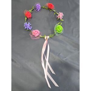 Floral Crown Headband with Pink Ribbon